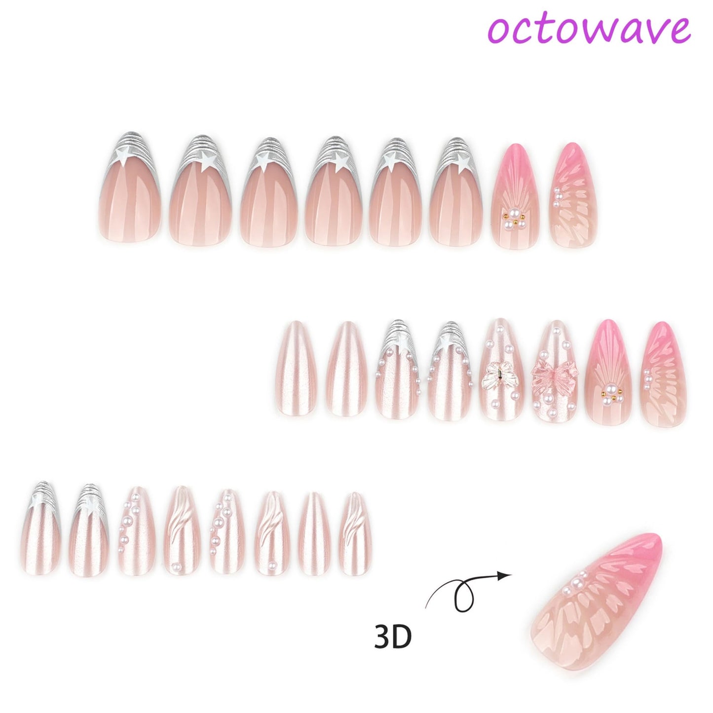 octoswave Press on Nails Almond Medium Pink Chrome French Tip with 3D Bow Butterfly Pearl Design Fake Nails for Women Party Wedding 24Pcs