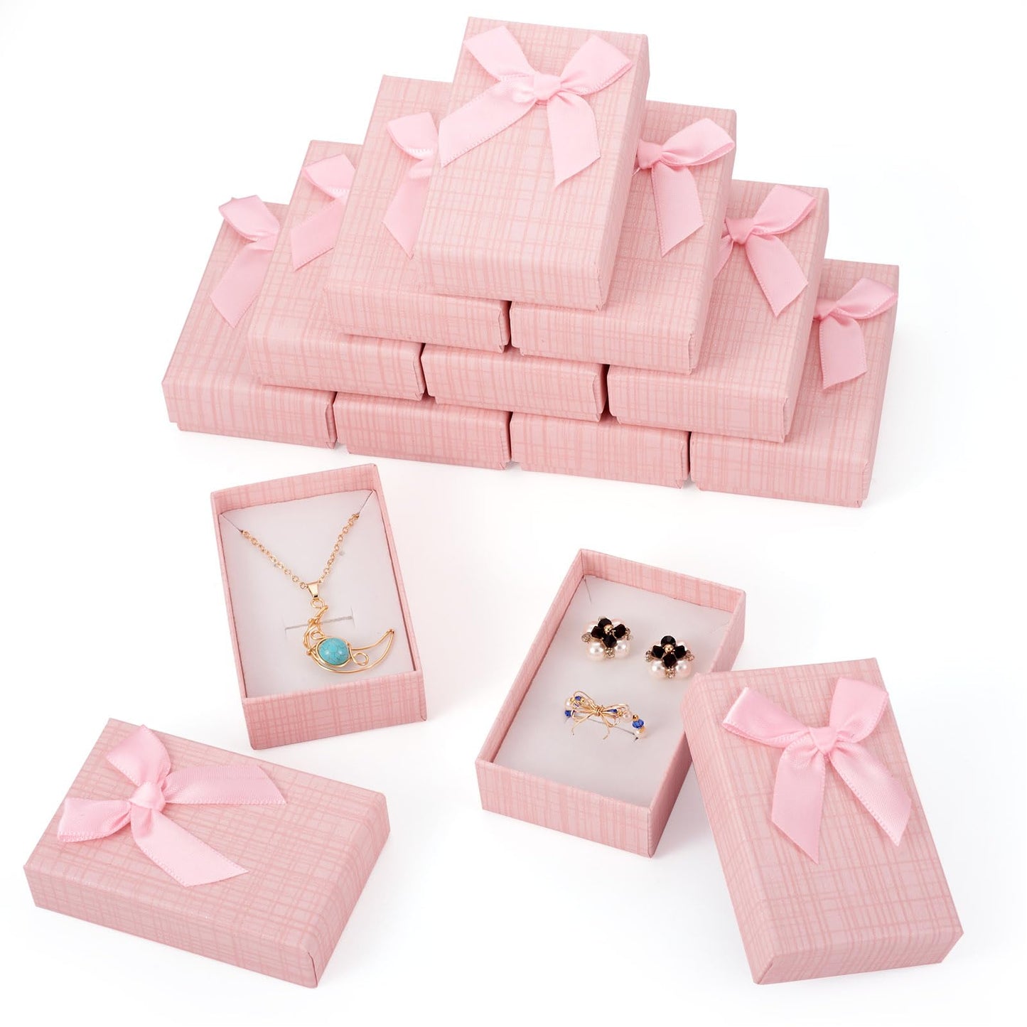 Craftdady 12 pcs Jewelry Gift Box Set Empty Packaging Cases with Bowknot Rectangle Cardboard Paper Jewelry Boxes with Lid for Necklaces Rings Earrings Pendants Displaying (Pink)