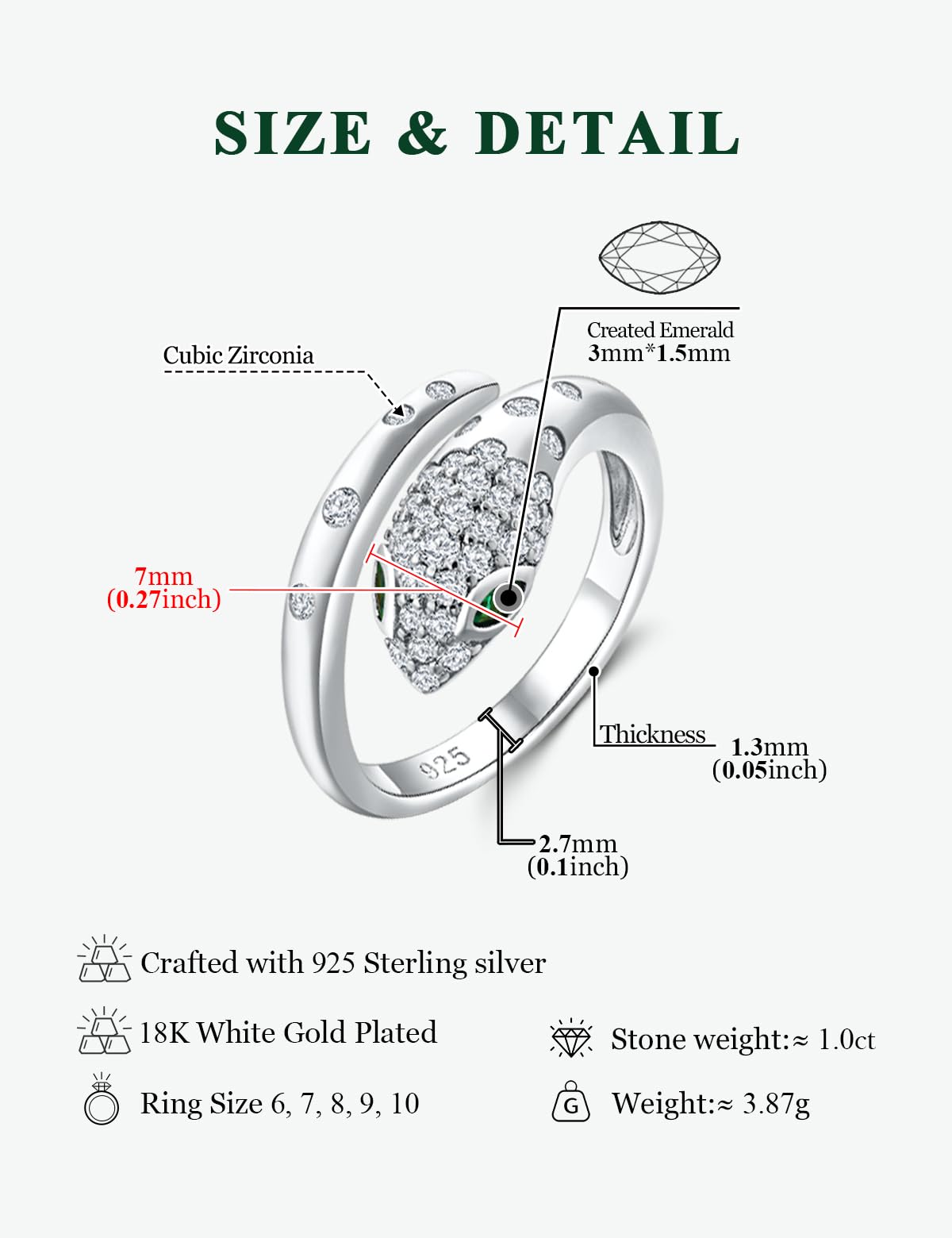 RANDES Fashion Snake Statement Ring 925 Sterling Silver Cocktail Punk Jewelry Adjustable Created Diamond Emerald Green Stone Snake Rings Size 6