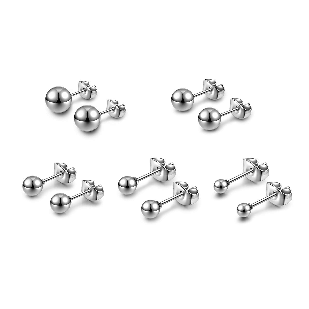 Top Plaza 10Pcs Hypoallergenic Stainless Steel Round Ball Earrings for Women Men Studs Earring Set 3mm-8mm(Silver)