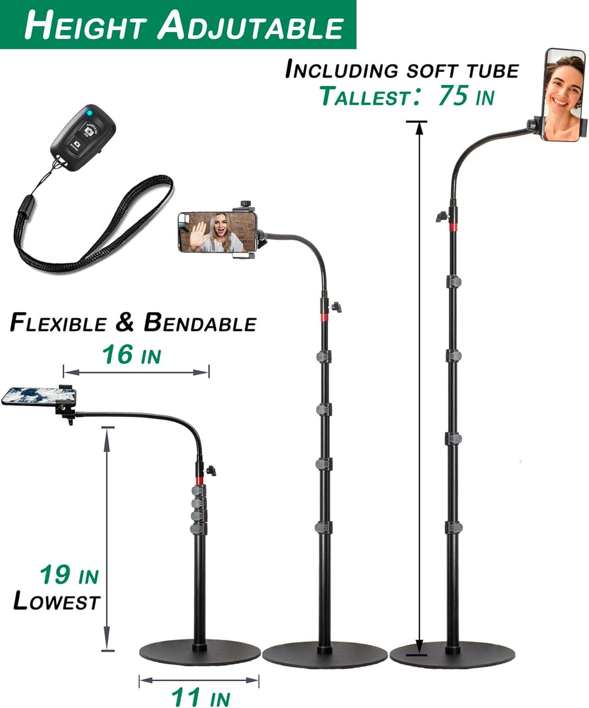 Phone Overhead Stand, Gooseneck Phone Floor Stand, Tall Video Cell Phone Mount with Height Adjustable Stand, Heavy Base, 360 Head, Works with iPhone 16, 16 Pro Max, 16 Plus, 15, 14, 13