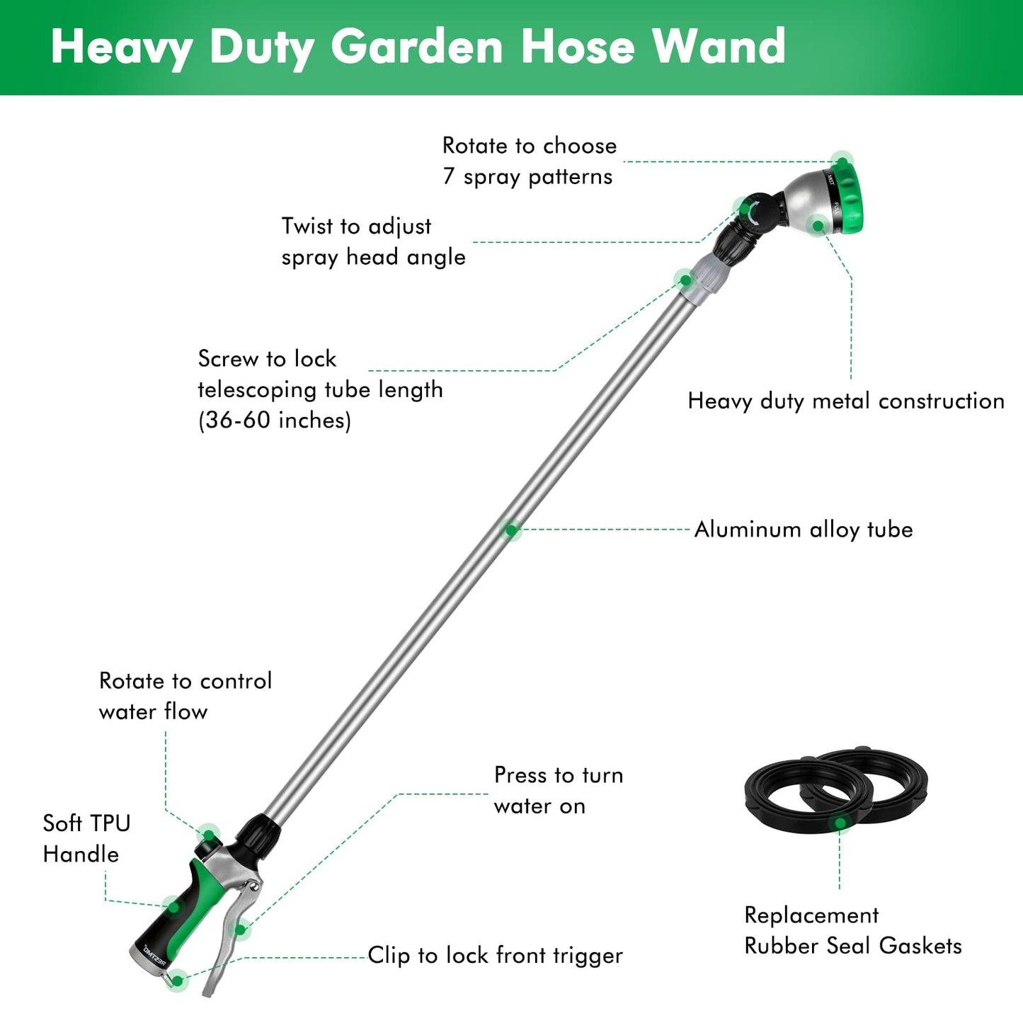 RESTMO 36”-60” Metal Watering Wand, Long Telescopic Tube | 180° Adjustable Ratcheting Head | 7 Spray Patterns | Flow Control, Perfect Garden Hose Sprayer to Water Hanging Baskets, Shrubs, Green