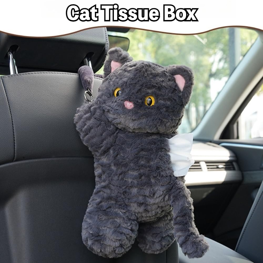 Cute Cat Car Tissue Holder Plush Kitten Paper Box for Backseat Adorable Hanging Organizer & Decor for Women Pet Lovers & Gifts (Black)
