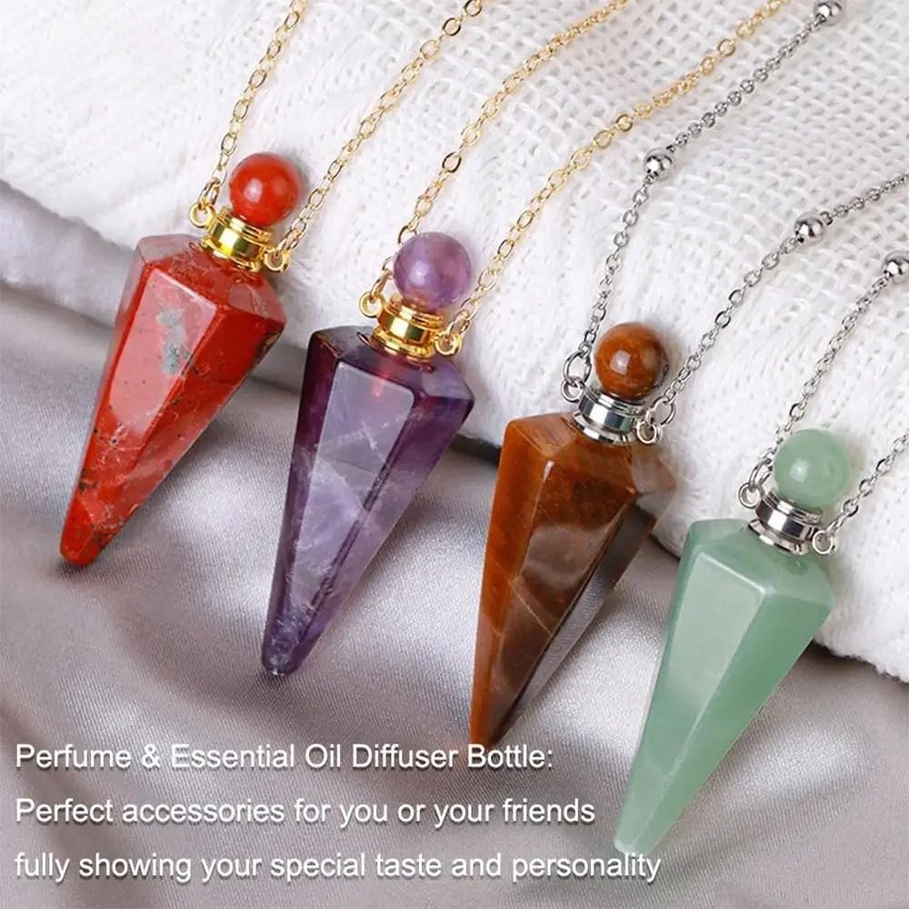 925 Sterling Silver Essential Oil Necklace For Women And Men, Natural Crystal Stone Cone Shape Pendant Necklace Healing Perfume Bottle Necklace Essential Oil Pendant Necklace (2 - Essential Oil Necklace)