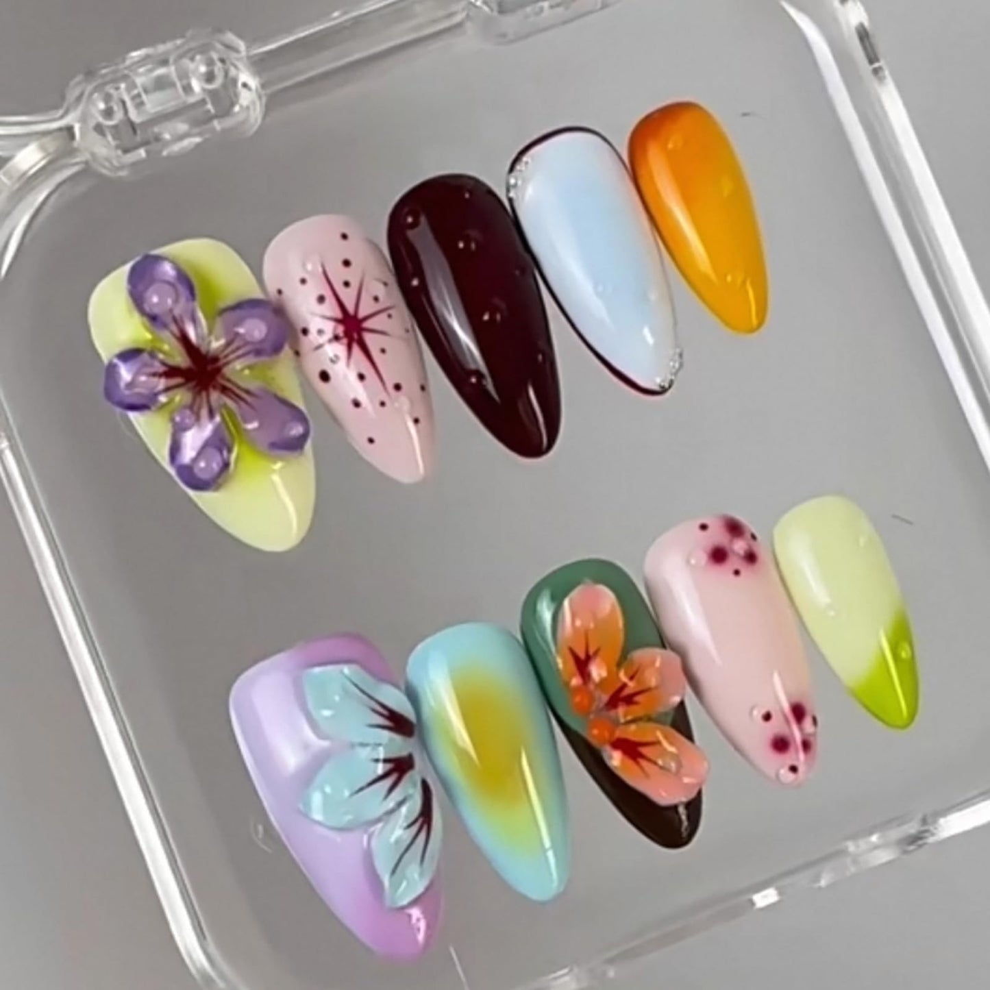 Luxury Press on Nails Medium Almond Handmade 3D Unique Reusable ABS Material Fake Nails Tropical False Nails with Designs Flower Water Drop Art Petal Glossy Glue on Nails Thick Acrylic Nails(M)
