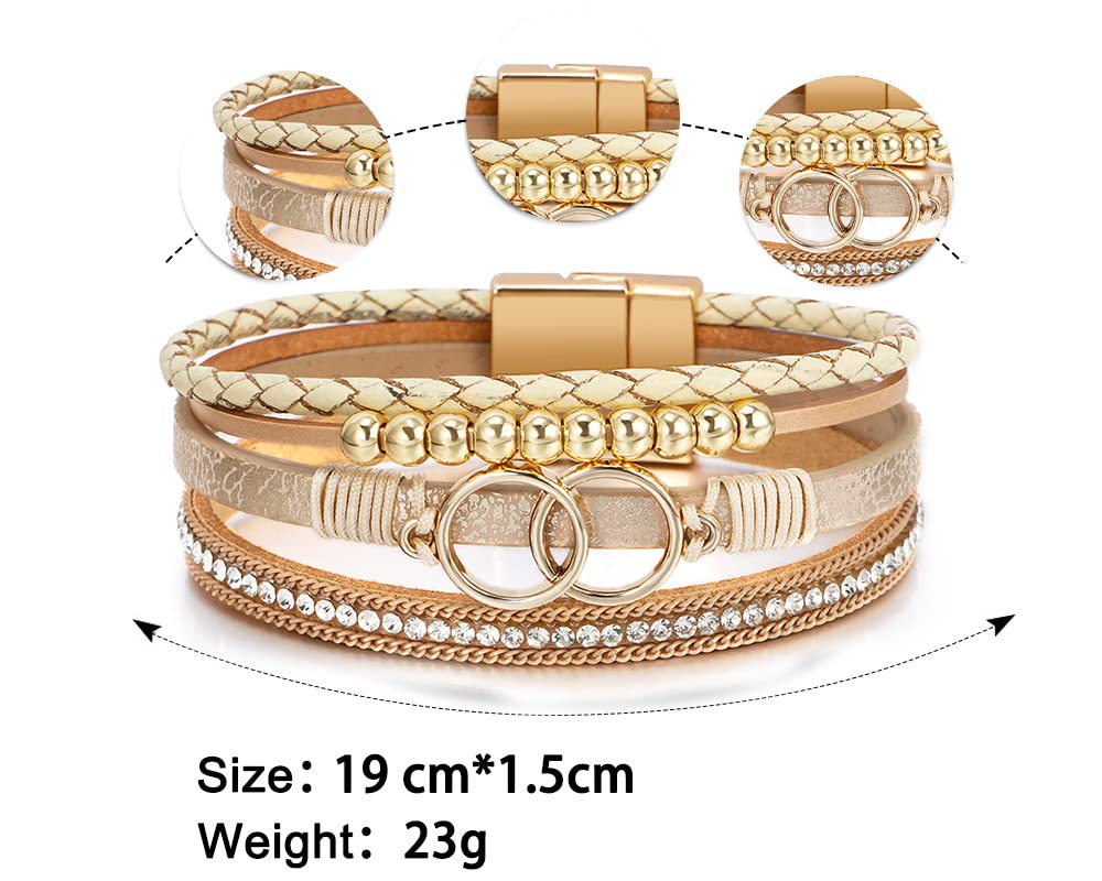 Leopard Bracelet for Women, Boho Leather Wrap Multi-Layer Pearl Crystal Bracelet Bangle Jewelry (Double Circle(Khaki))