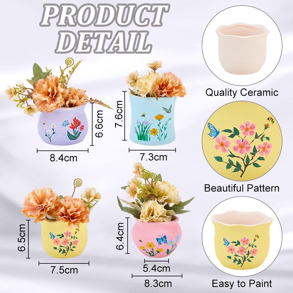 WEBEEDY 4 Sets DIY Ceramic Succulent Pots Painting Kit Paint Your Own Ceramic Planter Pot, Ready to Paint Ceramics Unpainted Flower Pot Pottery Painting Craft Kit Home Desk Garden Decor Creative Gift