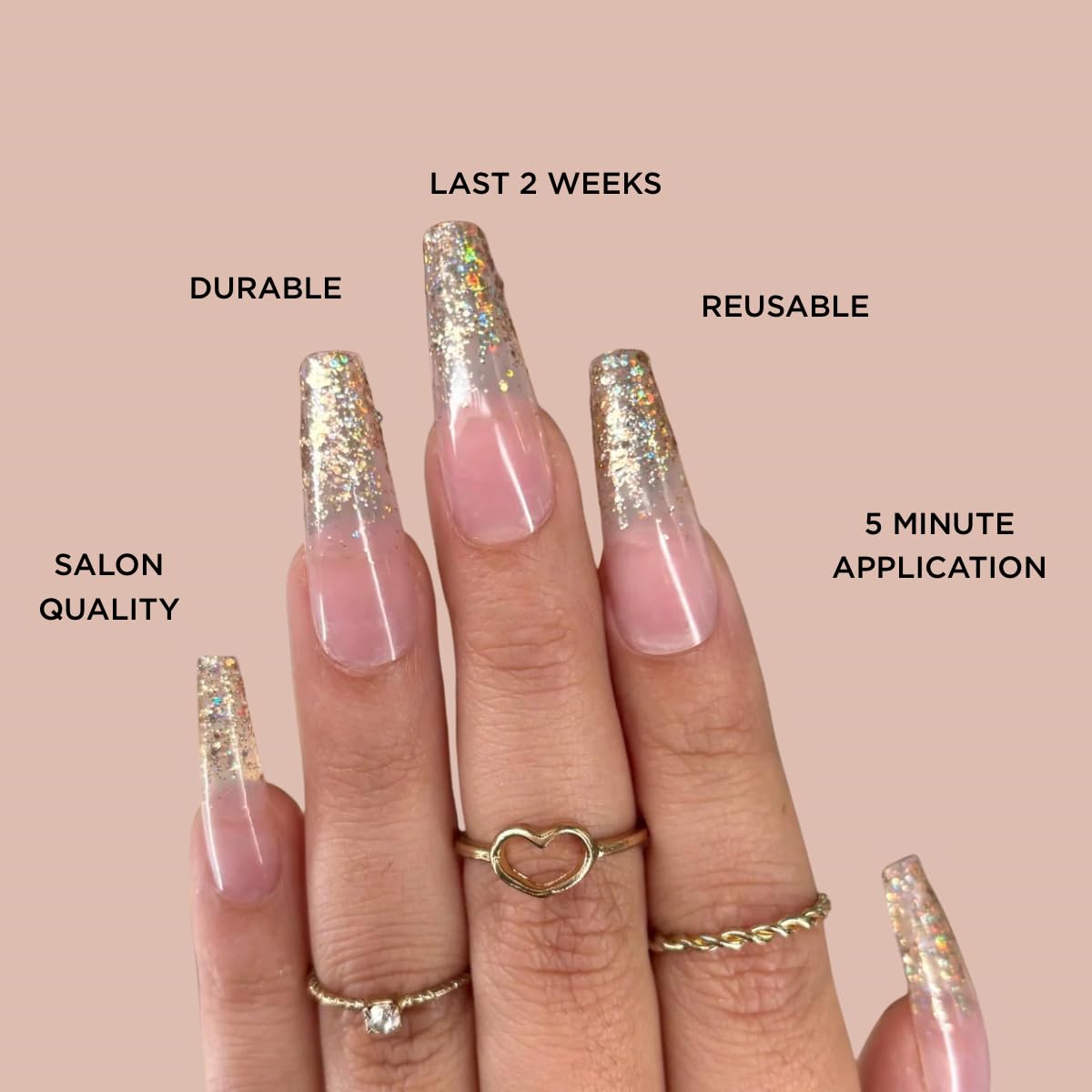 GOLD VIBES Press-On Nails by Lavaa Beauty | Gold Glitter Ombré Tip | Extra-Long Coffin