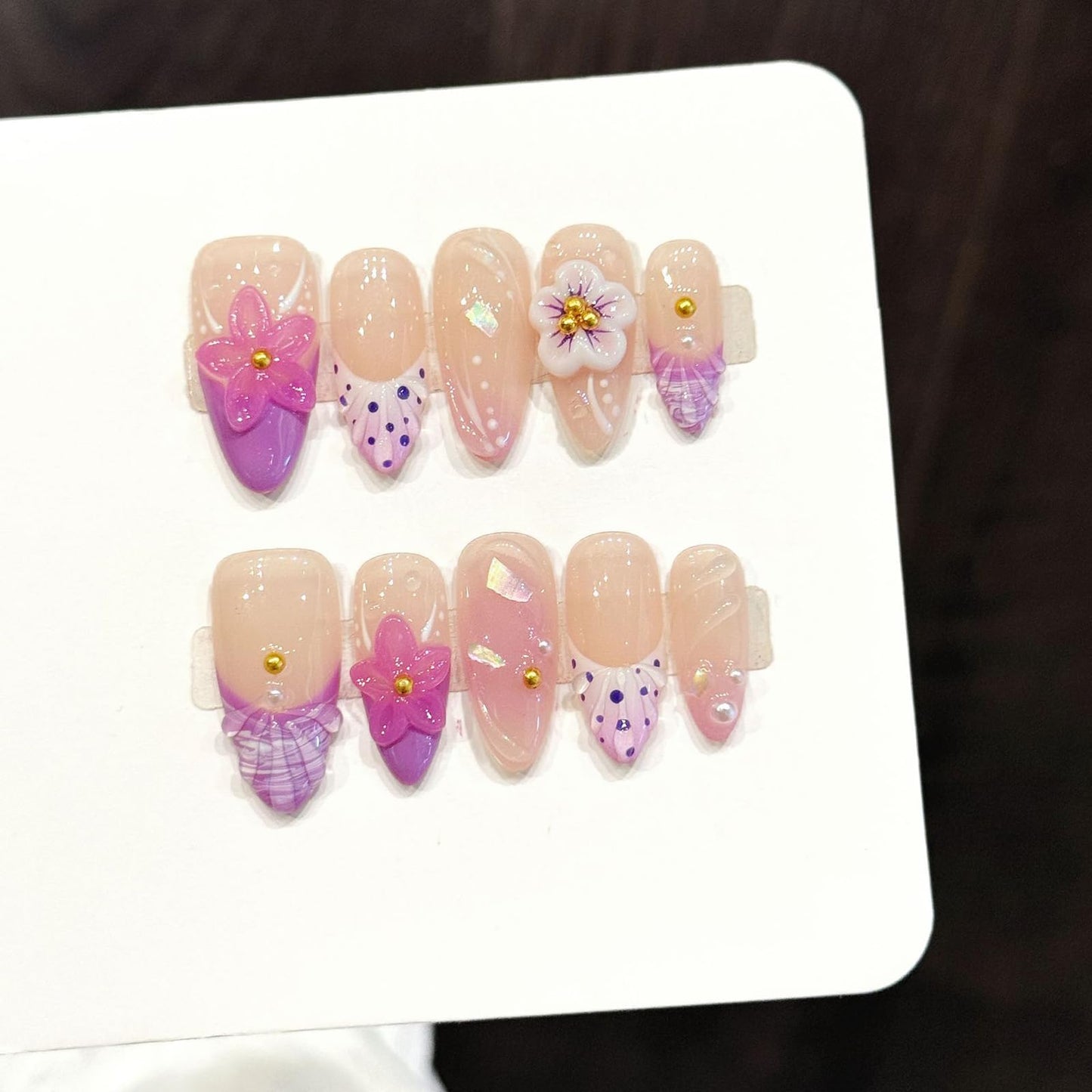 10Pcs Handmade Almond Press on Nails Medium Almond Fake Nails with 3D Flower Design Polka Dot Press on Nails Purple French Tip Acrylic Nails Press ons Spring Summer Flower Stick on Nail for Women (S)