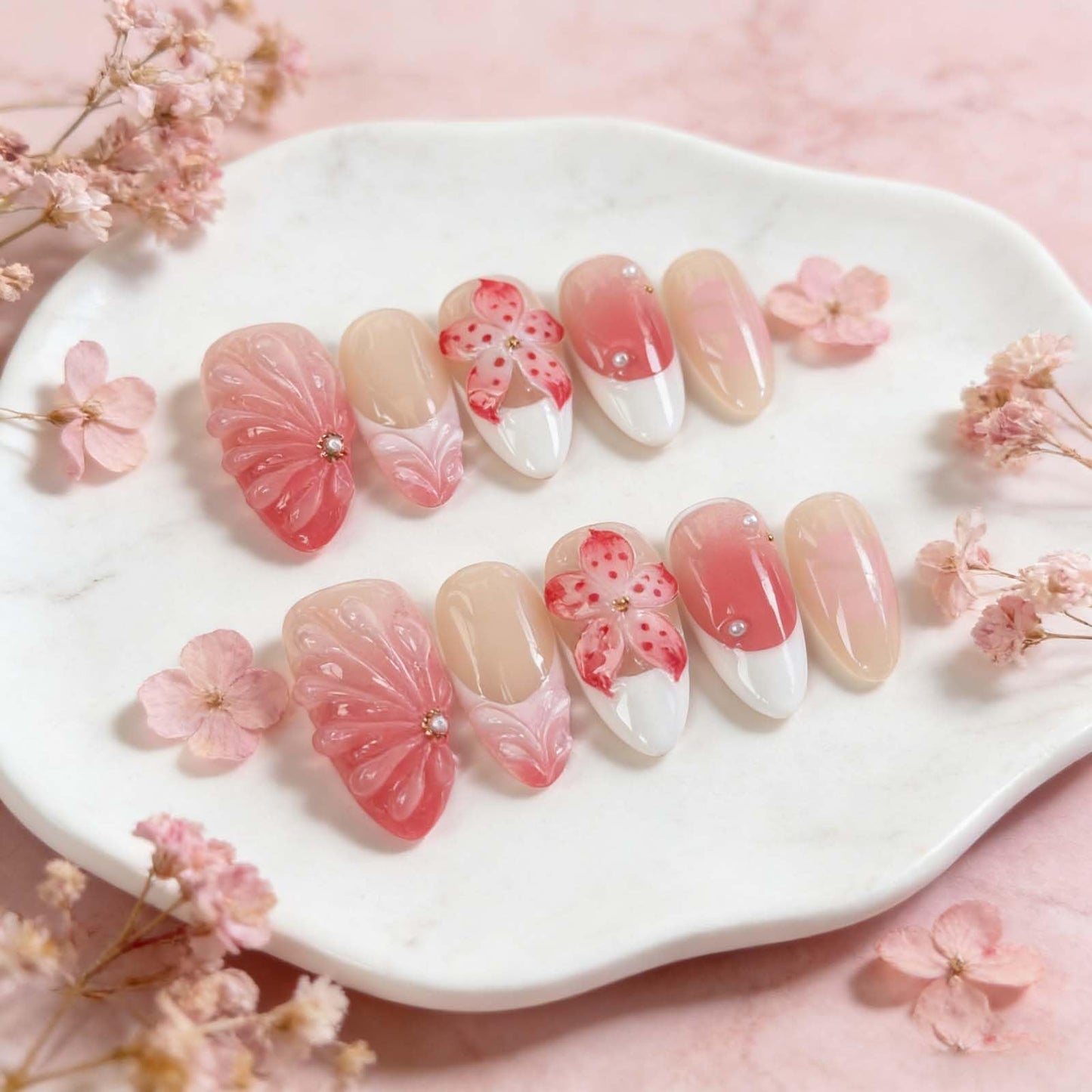 Press on Nails Pink Almond Summer Holographic Glitter False Nails with Iridescent Checkerboard Design, Reusable Fake Nails for Women 10 Piece Set M Size