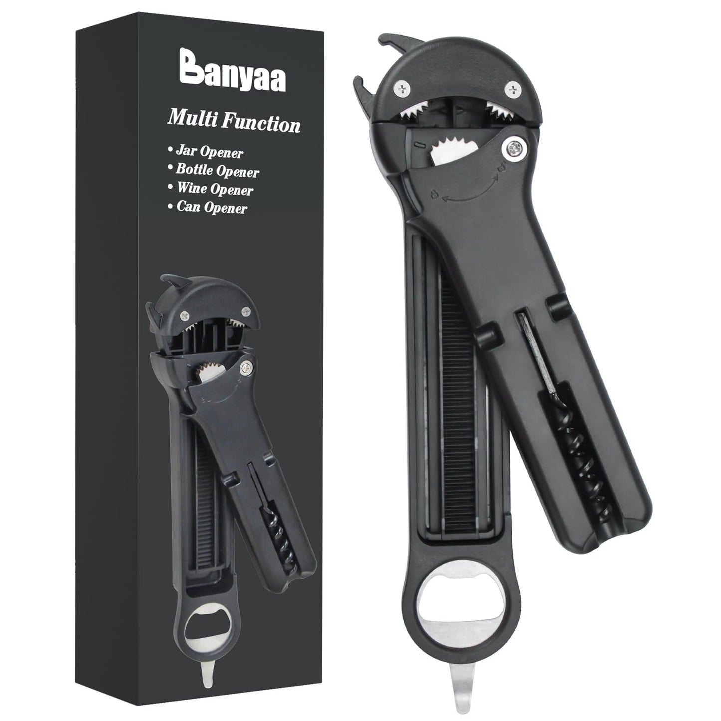 Banyaa 7 in 1 Jar Opener Bottle Opener and Wine Opener for Seniors with Arthritis, Weak Hands, Multi Retractable Magnetic Can Opener, Original Kitchen Lid Opener Tool (Black)