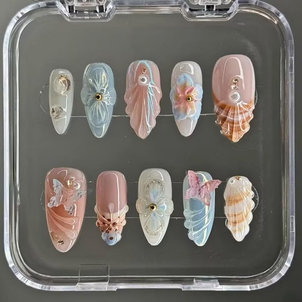 Maglfell 10 Pcs Handmade Press on Nails - Medium Almond Acrylic Nails Blue French Tips Stick ons 3D Summer vacation Fake nails for Women (Size M)