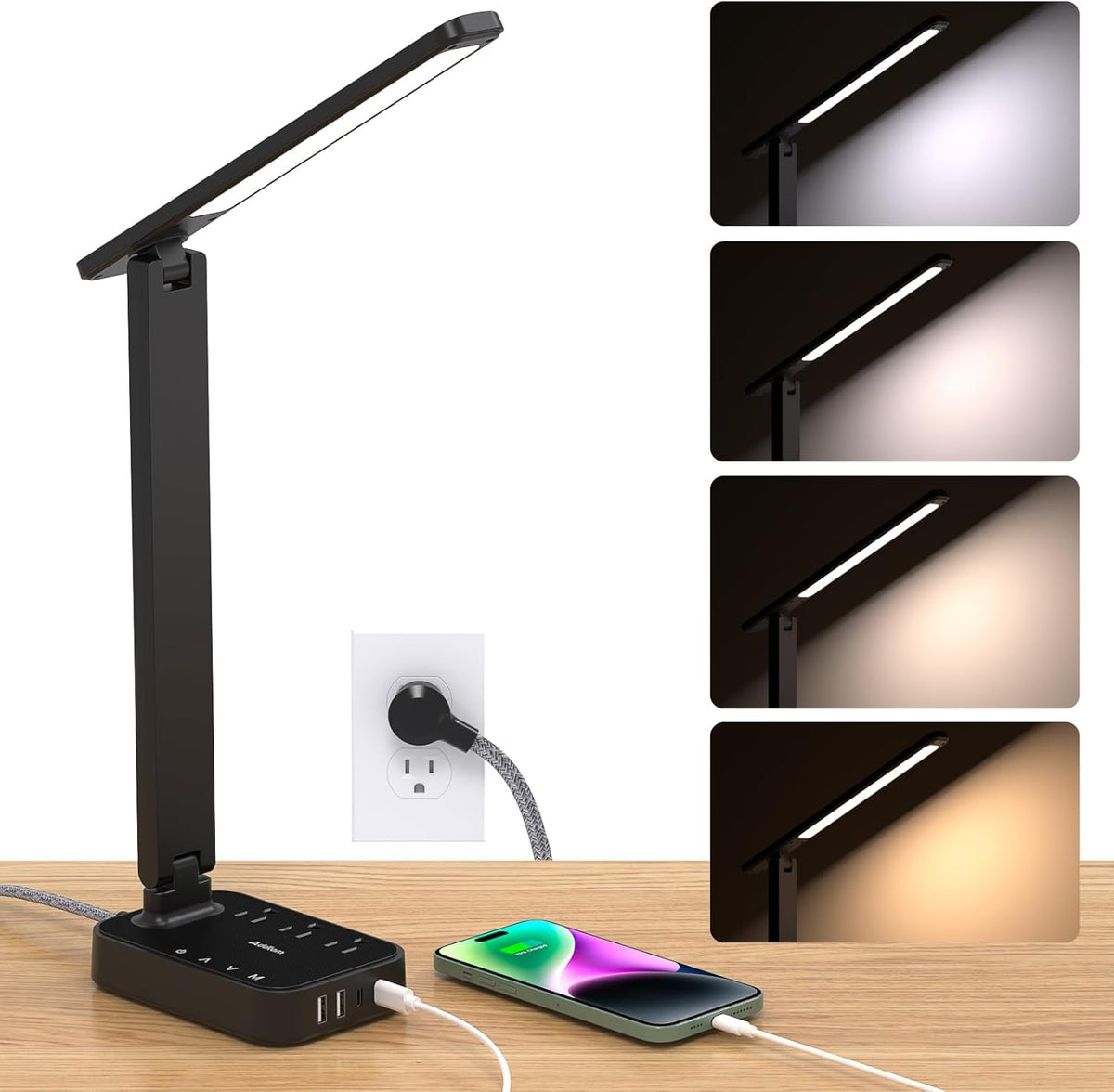 Addtam LED Desk Lamp, Power Strip with 3 Outlets 4 USB Charging Ports(2 USBC), 4 Modes 5 Level Brightness Touch Lamp, Small Desk Lamp for Home Office College Dorm Room Essentials, 10FT