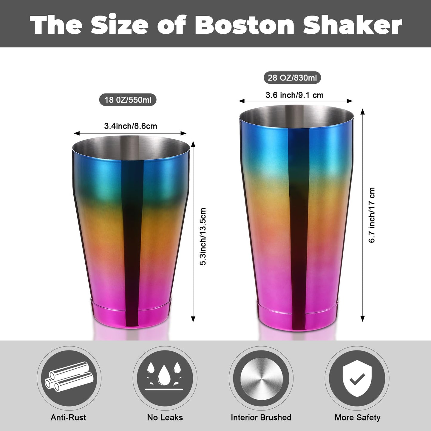 Sabary 6 Pcs Cocktail Shakers Professional Bar Shaker Boston Set Stainless Steel Martini Drink Mixer Basic Tool Weighted Shake Metal Can Cocktail Shaker Set, 18 Oz, 28 oz (Gradient Color)
