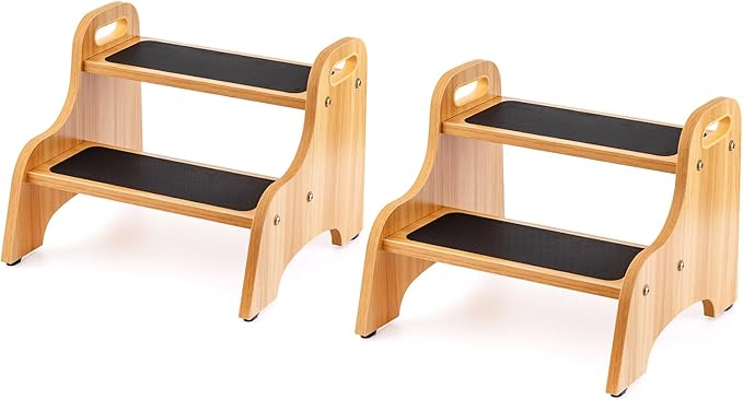 StrongTek 2 Pack Wooden 2 Step Stools for Kids & Adults, Non-Slip Surface, Skid-Resistant Foot Pads, 300 lbs Capacity, Portable with Handles, Safe & Sturdy Design for Kitchen, Bathroom, Bedroom, Home