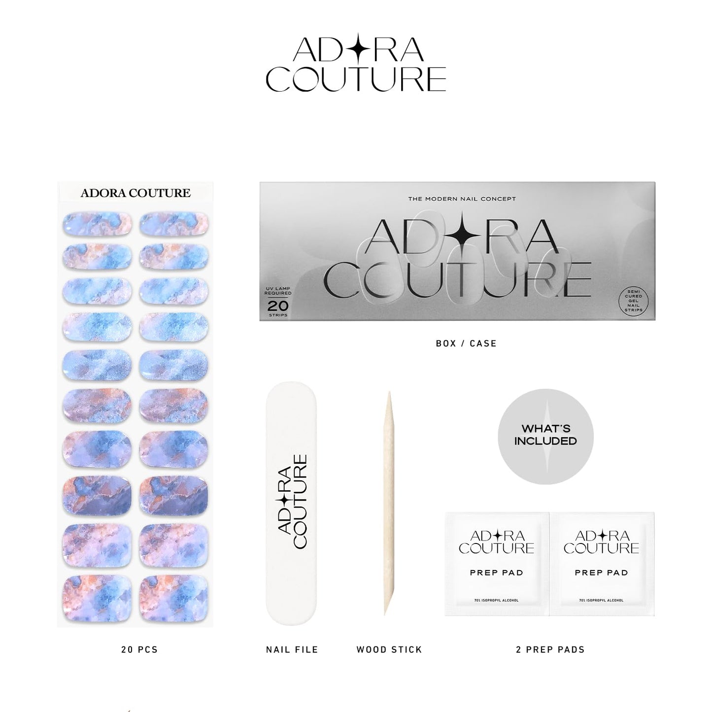 Adora Couture Semi Cured Gel Nail Strips with 20 Pieces - UV Gel Stickers, Manicure Kit, Easy Application Wraps Includes Prep Pads, Nail File, Wooden Stick - UV Light Required (Aqua Marble)