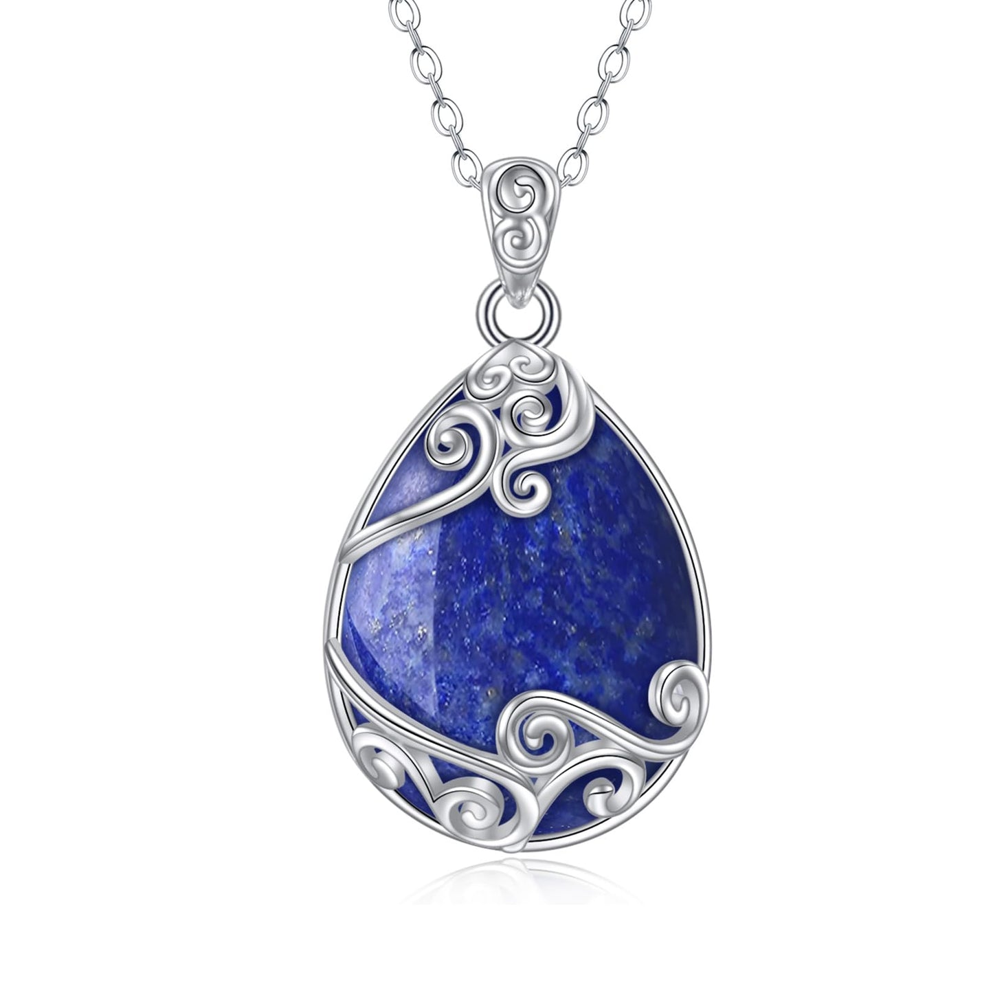 YAFEINI 925 Sterling Silver Lapis Lazuli Necklace Filigree Teardrop Pendant Necklace Jewellery for Women (P-Lapis Lazuli)