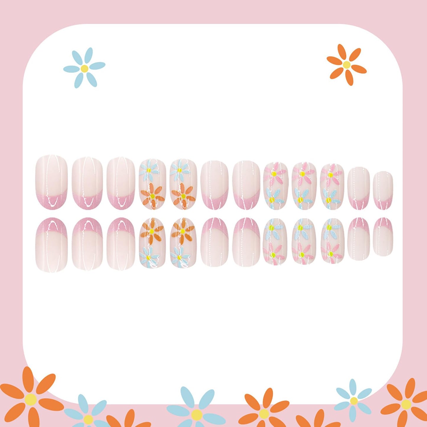 24Pcs Short Press On Nails Almond Fake Nails French Tip False Nails With Cute Flowers Designs Spring Summer Nails Press Ons Full Cover Glue On Nails Glossy Stick On Nails For Women