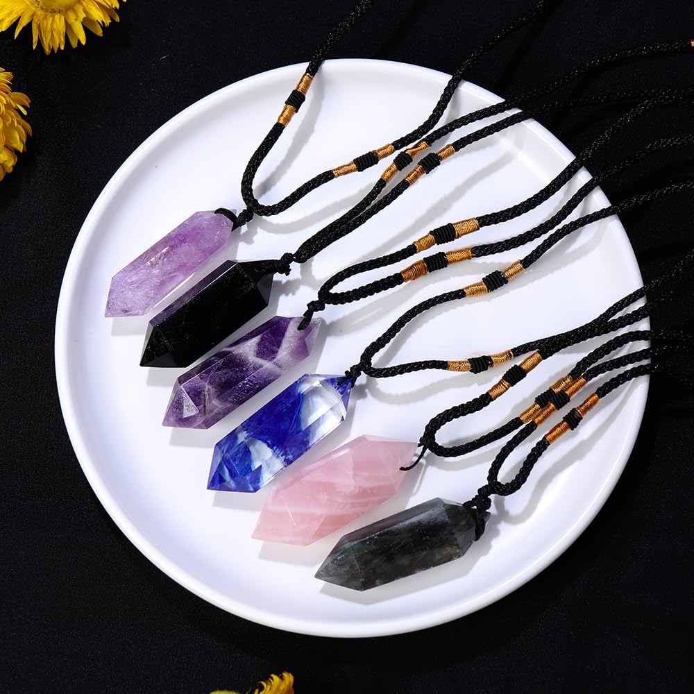 Runyangshi Black Obsidian Healing Crystal Pendants, Double Pointed Natural Crystal Quartz Necklace 6 Faceted Chakra Crystal Wand Stone