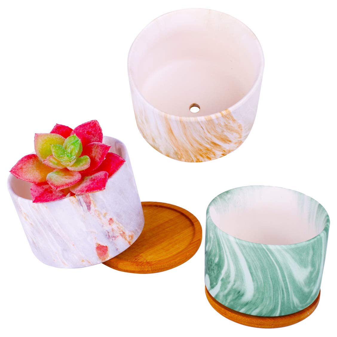 ROSE CREATE 4 pcs 4 Inches Ceramic Marbleizing Style, Big Planters with Bamboo Trays (Colorful)