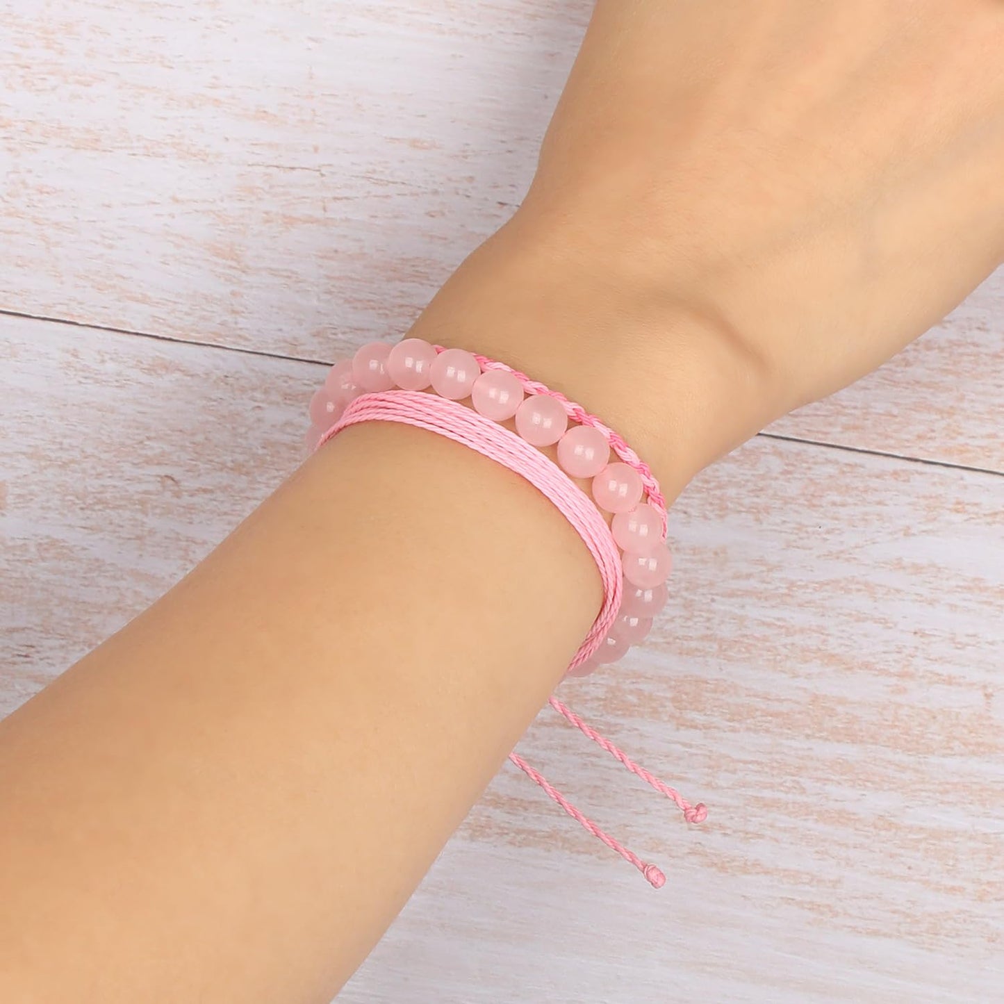 QOGIR Handmade Healing Bracelets,8mm Natural Rose Quartz Gem Stone Beads Bracelet,for Men Women Gifts with 2PCS Size Adjustable Rope Bracelets