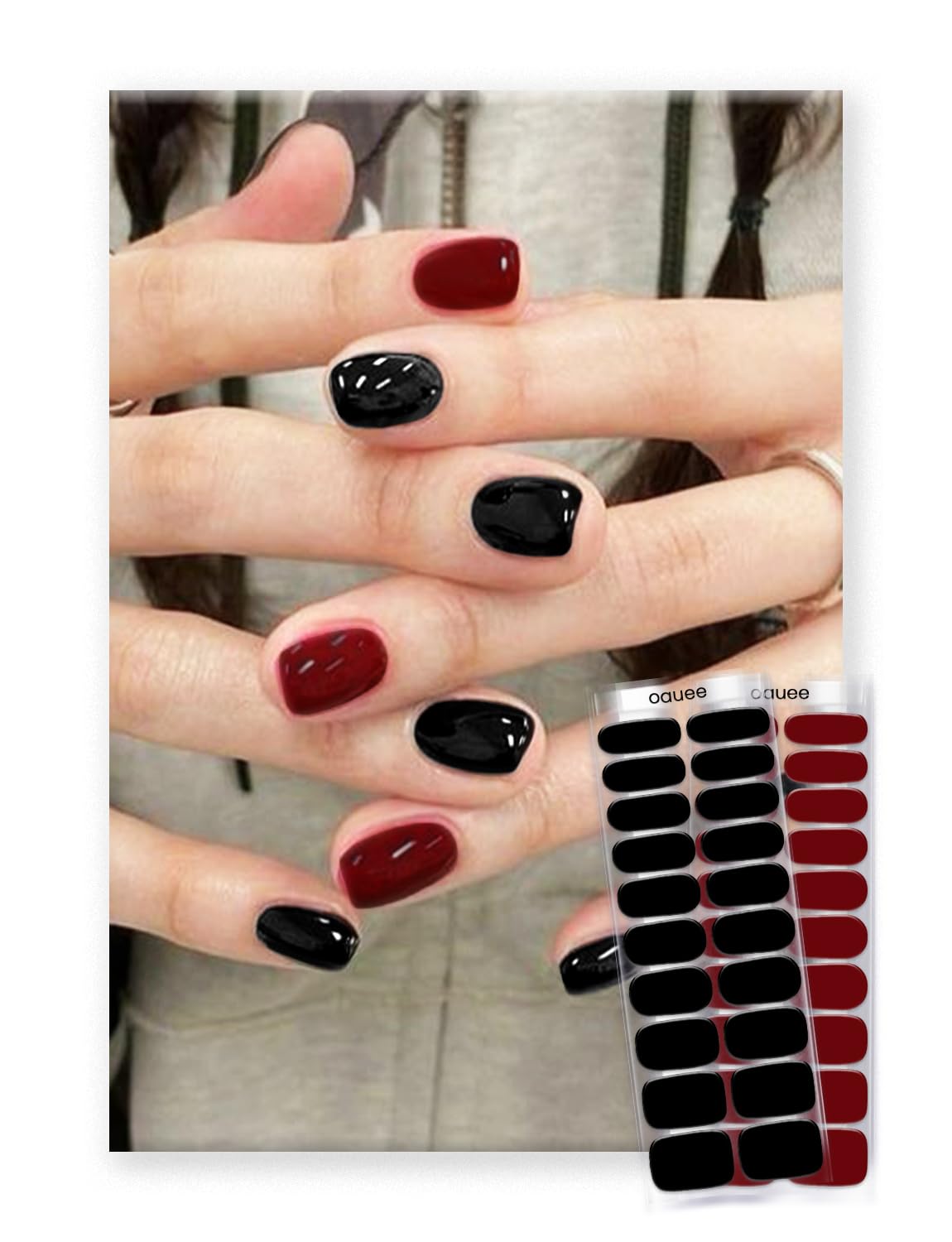 Semi Cured Gel Nail Strips 2 Styles | Built-In Gel Top Coat | UV Light Required | Salon Quality, Easy Application And Removal（Deep red & black)