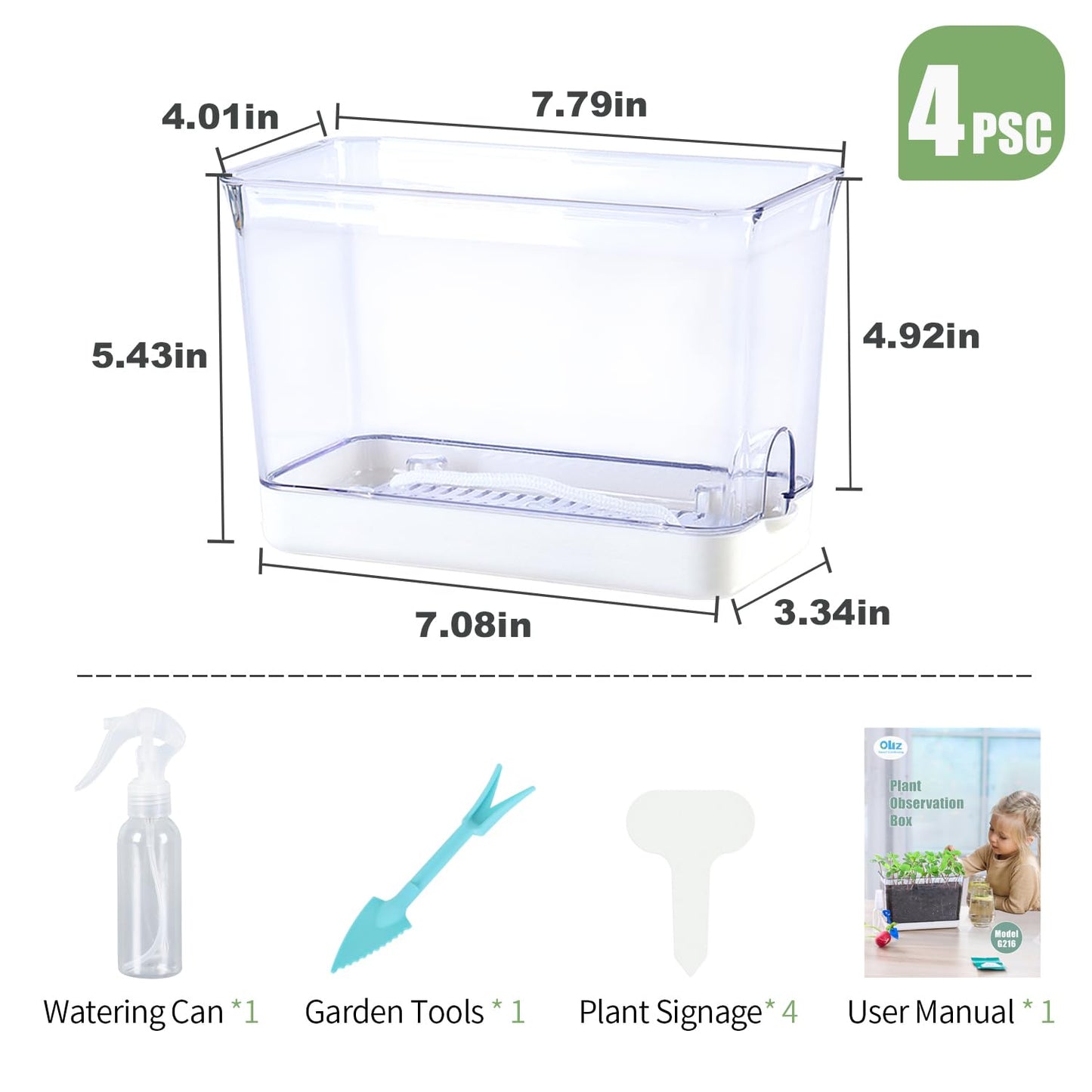 Oliz Self Watering Planters - 4 Pack Rectangular Clear Plant Pots with Drainage Holes for Indoor Plants