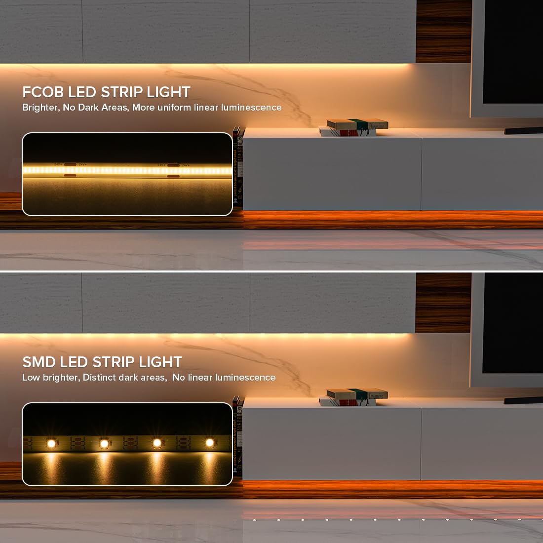 FCOB 16.4FT COB LED Strip Lights IP65 Waterproof Dimmable 2700K Warm White Strips 480LEDs/m DC24V Adhesive Flexible Cuttable Tape Lights for DIY Home Decor, Shelf, Cabinet (No Adapter or Controller)