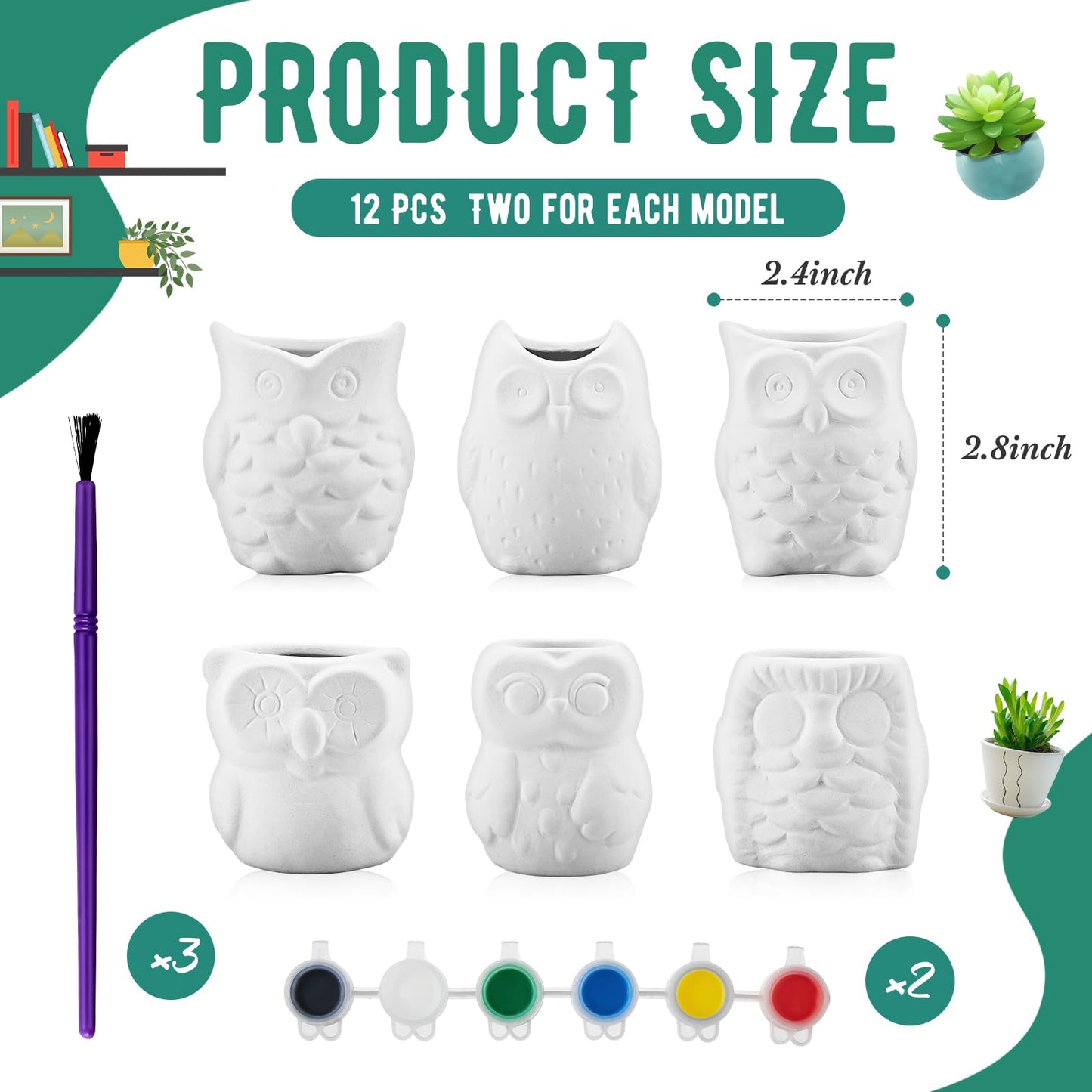 Tanlade 12 Set Paint Your Own Ceramic Planters Mini Owl Ceramic to Paint Succulent Pots 3 Inch Bisque Ceramics Unpainted with Drainage Hole Ready to Color Classroom Craft Project Activity