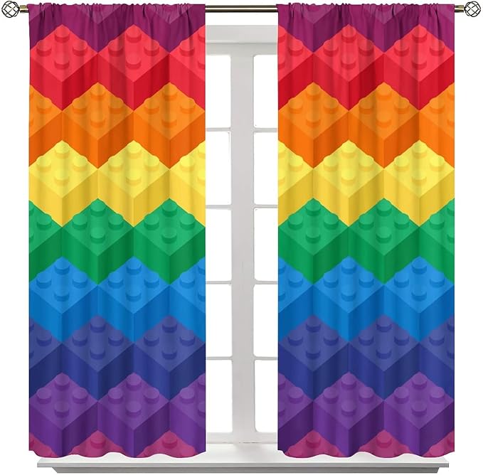 Colorful Building Blocks Cartoon Toy Printed Curtains, Bedroom, Living Room, Architecture, Curtains, Fun Brick 3D Design Curtains, Children's Living Room, Window Treatment Panels 2 Panels 42x54in