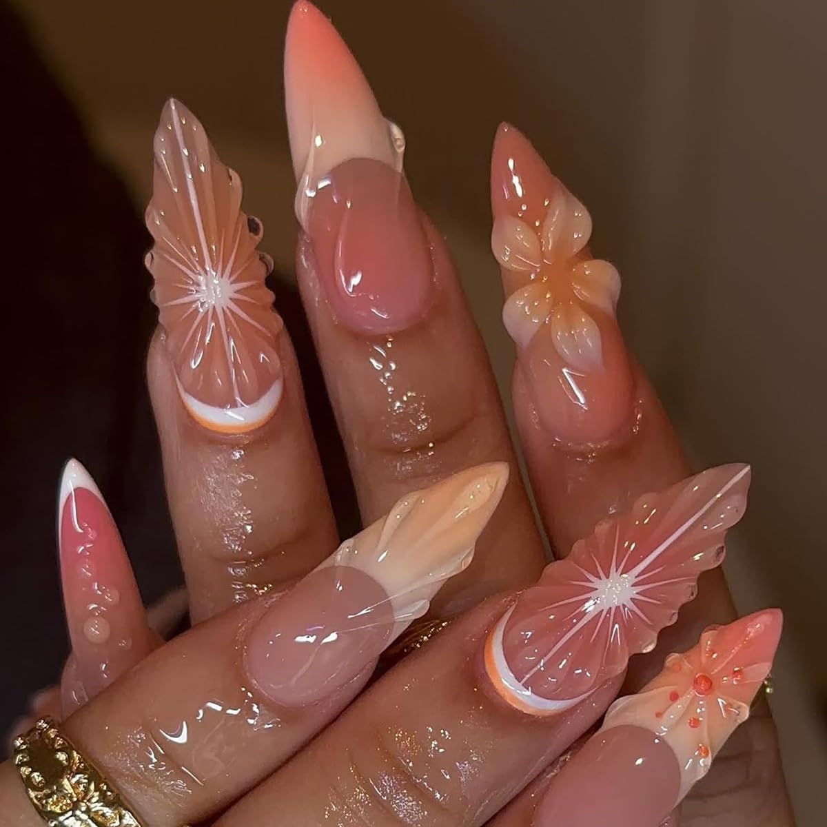 24Pcs Flower Press on Nails Medium Stiletto Fake Nails with 3D Orange Design Stick on Nails French Tips Nail Press Ons Water Ripple False Nail Summer Acrylic Glue on Nail for Women Manicure