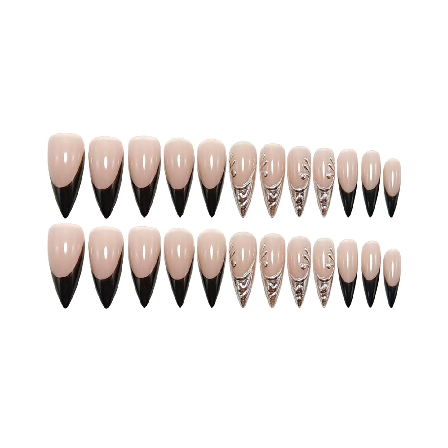 RUOKEXIN Long Press on Nails Almond Fake Nails French Tip False Nails with 3D Silver Glitter Designs Stiletto Nail Press ons Sparkly Artificial Nails for Women 24Pcs