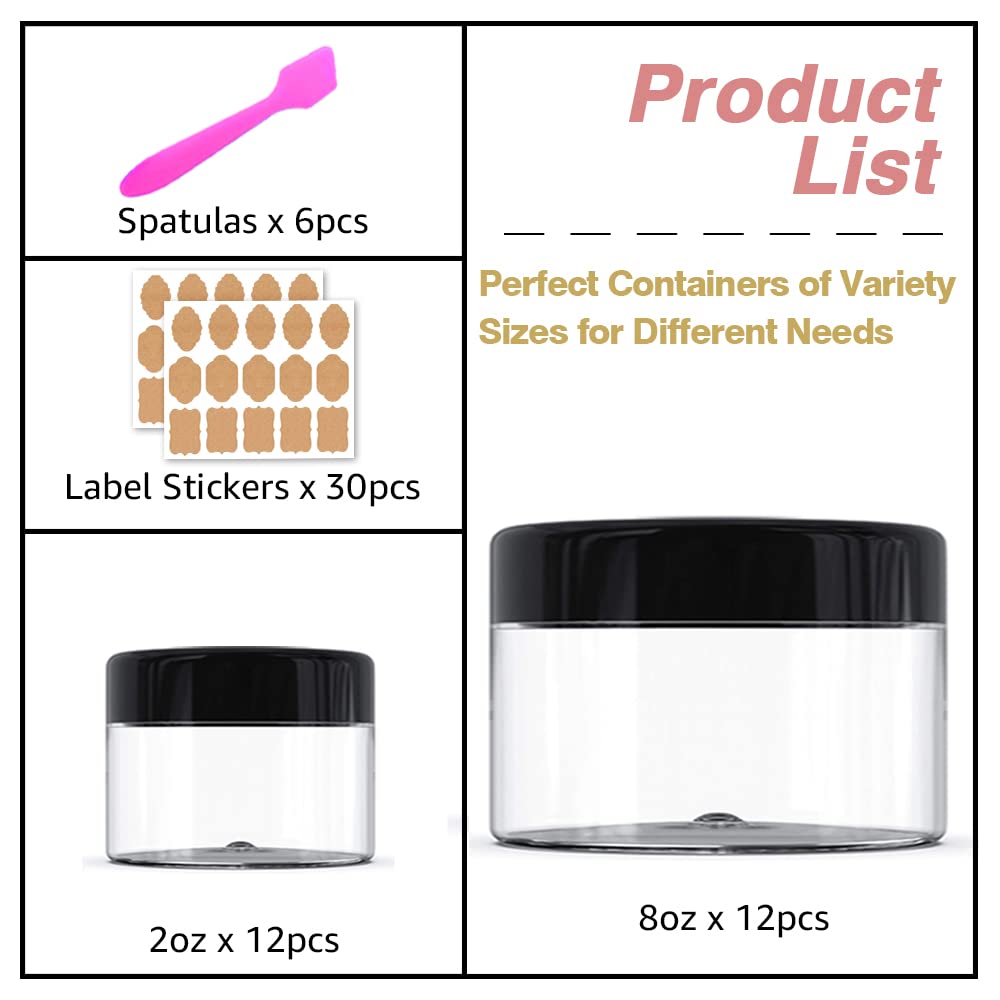 8 oz Plastic Containers with Lids + 2oz Small Containers with Lid (Set of 24) Plastic Jars with Lids Cosmetic Jar - for Lip Scrub, Body Butters, Cream, Slime, Craft Storage