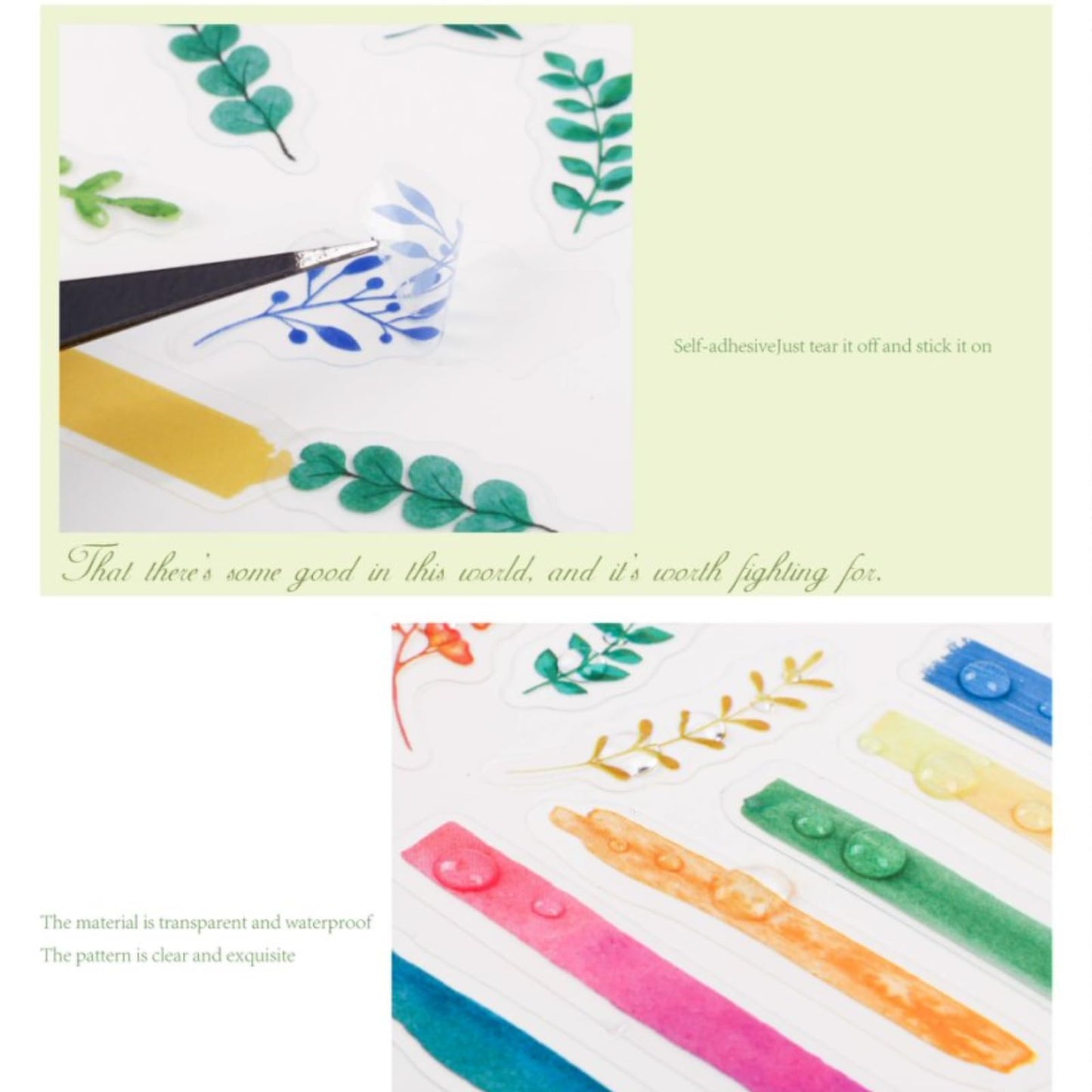 Doukado 180 Pcs Watercolor Leaf & Branch PET Stickers, 6 Packs Aesthetic Botanical Foliage Decals with Brushstroke Background Strips, Transparent Nature Ephemera for Junk Journal, Scrapbooking & DIY