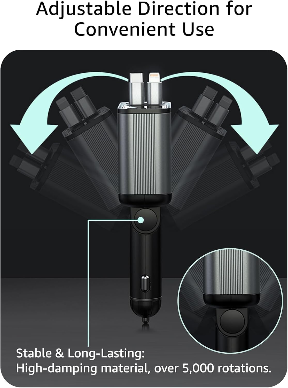 Retractable Car Charger USB C,107W Type C Car Charger Fast Charging with Dual Retractable Cable and USB Ports, Compatible with iPhone 16/15/14/13,S25/24/23/22, Pixel 9/8/7