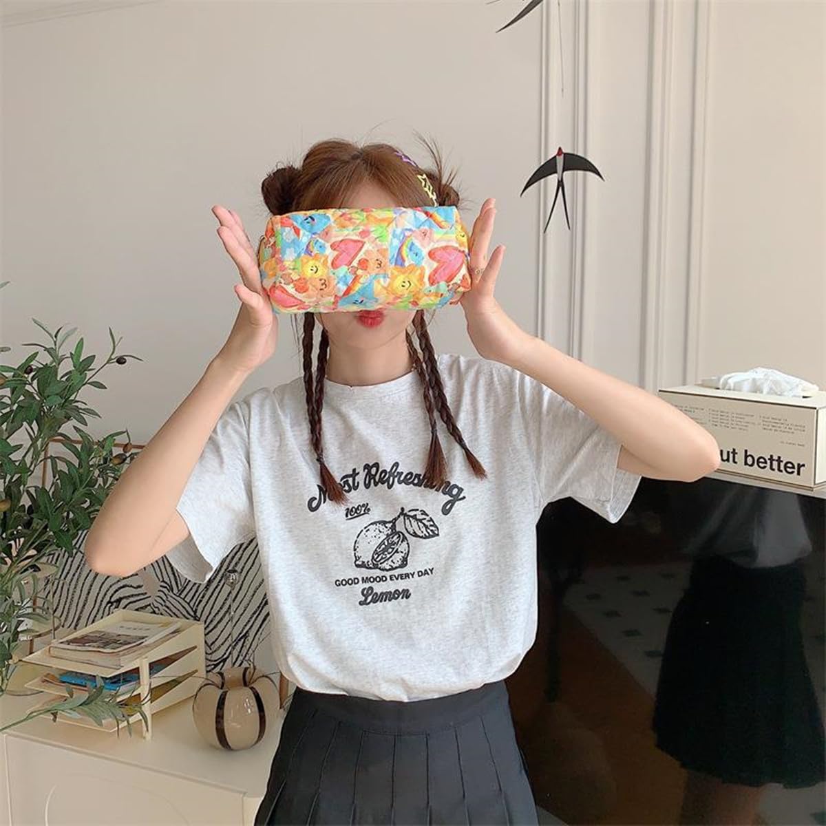 Pencil Case Office College School Storage Bag Pouch Holder Box Organizer Makeup Pouch Cosmetic Bag Aesthetic Cute Pen Case for Girls Boys Kids (Red flower)