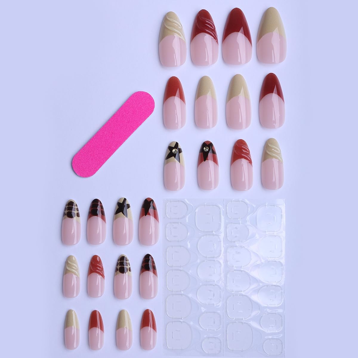 plalely Almond Press on Nails Short Brown Fake NailClassic Style Acrylic Nail Press ons Cowboy Stick on Nails for Women 24pcs