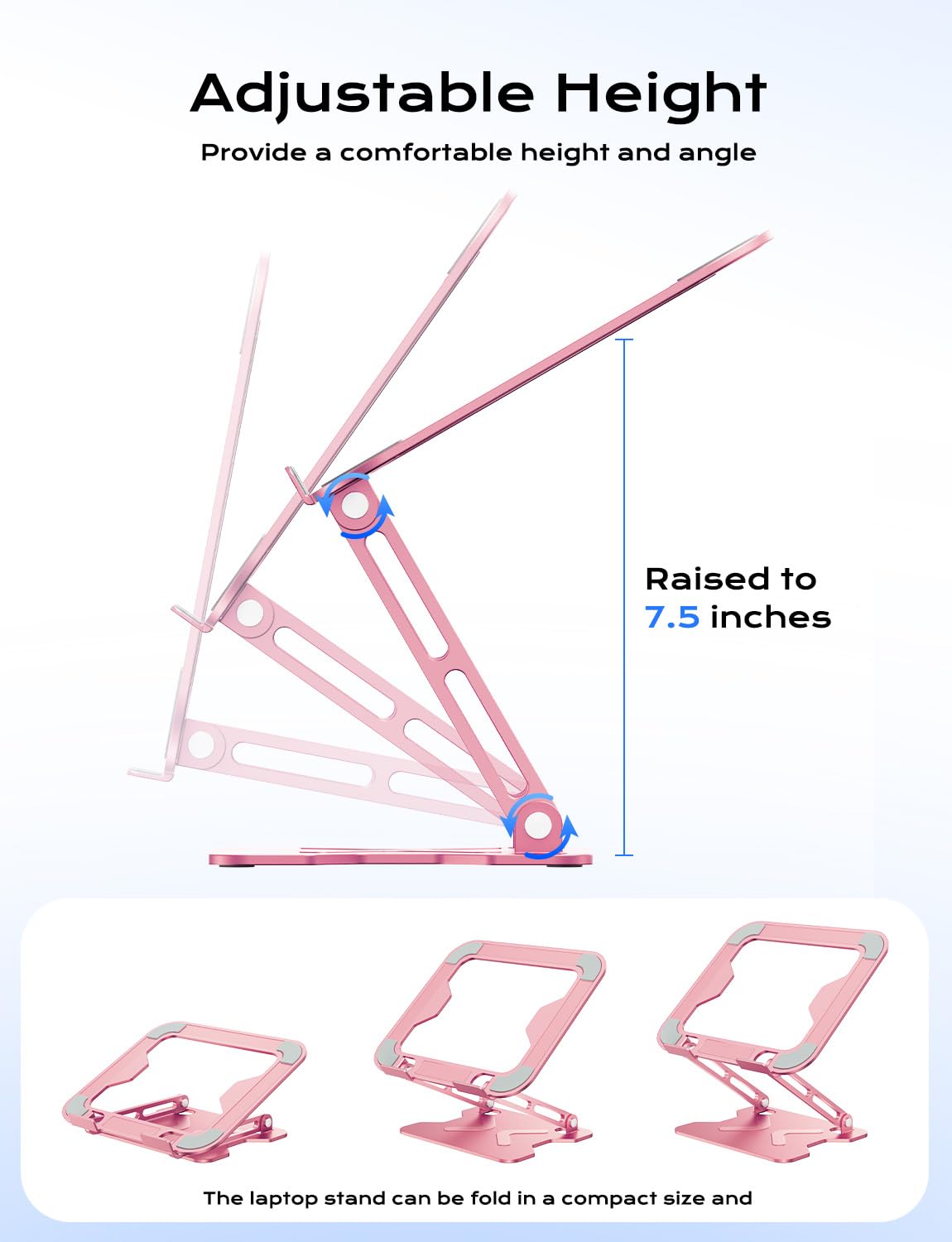 JCZT Adjustable Laptop Stand for Desk, Metal Foldable Laptop Riser, Portable Laptop Holder Mount, Ventilated Cooling Computer Notebook Stand for MacBook Air Pro, All 10-16'' Notebooks Laptops, Pink