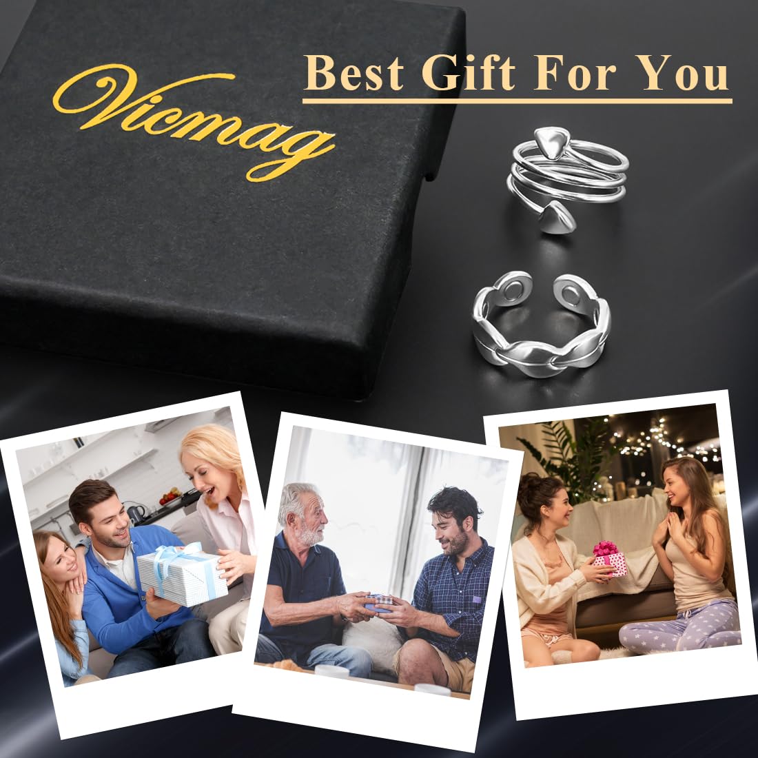 Vicmag Copper Magnetic Ring for Women, Copper Ring Ladies Fingers Thumb Jewelry Gift Adjustable (Love+Leave Silver)