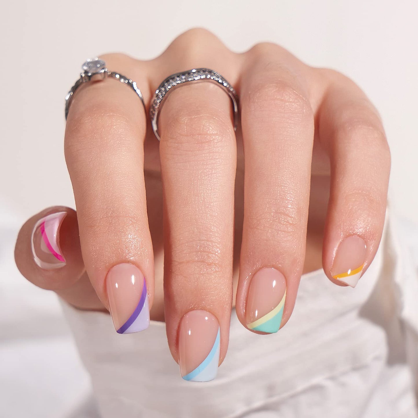 BTArtbox Short Press On Nails - Soft Gel French Tip Press On Nails, Supremely Fit & Natural Square Glue On Nails with Nail Glue, Reusable Stick On Nails in 15 Sizes, Pastel Curves