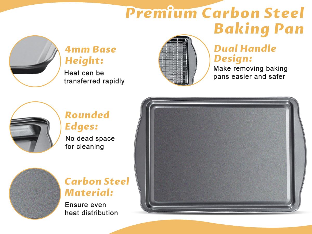 Gymdin Baking Sheet with Cooling Racks - Carbon Steel Cookie Sheets for Baking [2 Sheets + 2 Racks], Nonstick Baking Pans, Perfect for Baking, Roasting, and More, Size 17 x 11 x 0.5 Inches