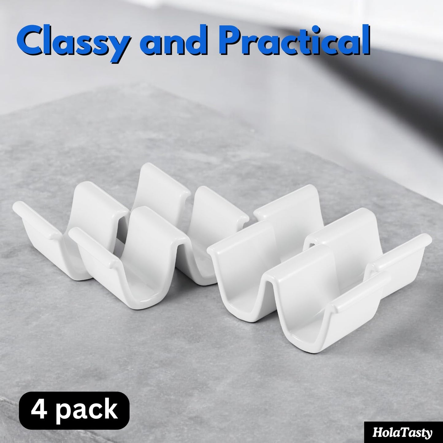 HolaTasty Taco Holders Set of 4 Ceramic, Dual Taco Stand for Dinner Plate - Compact Taco Rack 2-Slot for Hard Shell Tacos, Tuesday Taco Server Mini Taco Holder, Taco Heater for Microwave Oven, White