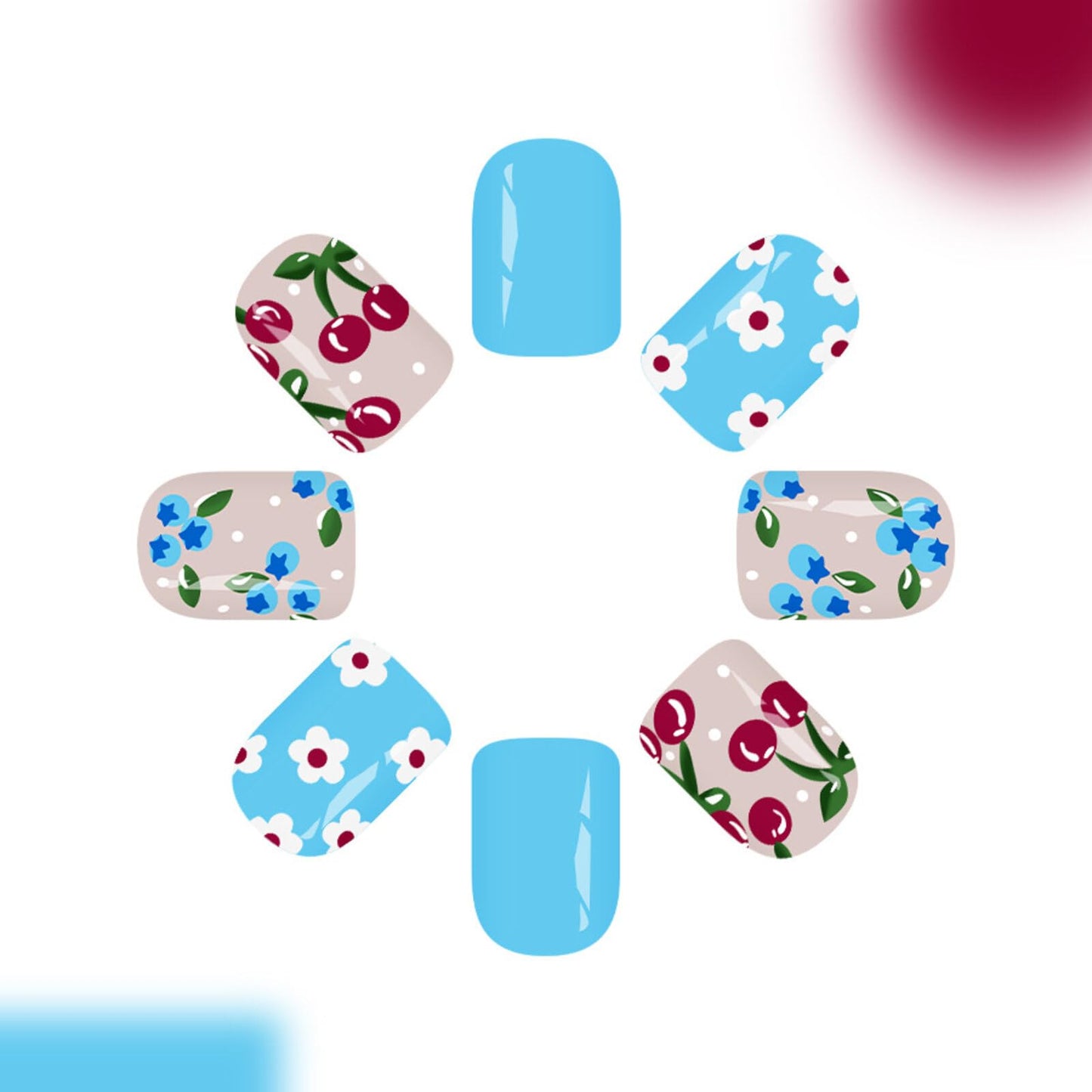 Short Square Press on Nails Bright Blue Base Light Pink Polka Dots Cherry Blue White Flower Surface Fresh Cute Manicure Artificial Nails Suitable for Shiny Elegant Delicate Stylish Pretty 24 Pcs