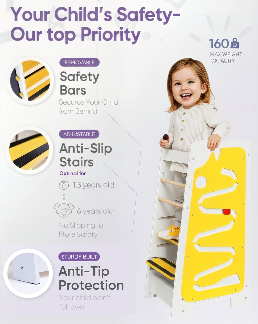 4in1 Toddler Standing Tower 3 Level Adjustable Height [Multifunctional] with Chalkboard, Montessori Inspired Games, Table & Learning Hub - Learning Tower for Kitchen from 18 Mo to 6 Yr - Ship from US