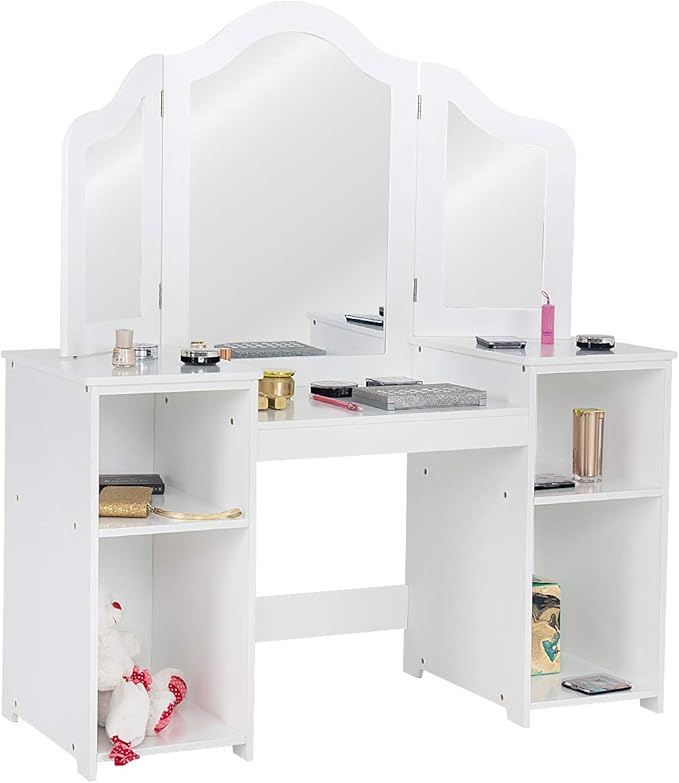 GOFLAME Kids Vanity Table, 2 in 1 Detachable Design with Dressing Table and Writing Desk, Princess Style, White MDF and Plastic Mirror, 42"×16"×46" (L×W×H), 2 Oversized Shelves, 3-Panel Mirror