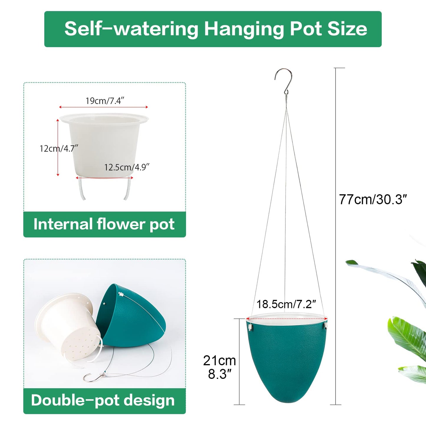 Sungmor Unique Eggshell Self Watering Hanging Planters, 3PC Modern Fashion Teal 7.2" Dia Large Waterself Hanging Pots for Plants, Indoor Outdoor Ceiling Hanging Baskets Flowerpot Wicking Planter Pots