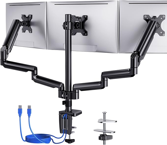 ErGear Triple Monitor Mount for 13-27 inch Screens, Triple Monitor Arms with USB, Heavy Duty Three Monitors Stand with Tilt, Swivel, Rotation, Holds Up to 17.6 lbs Each Arm