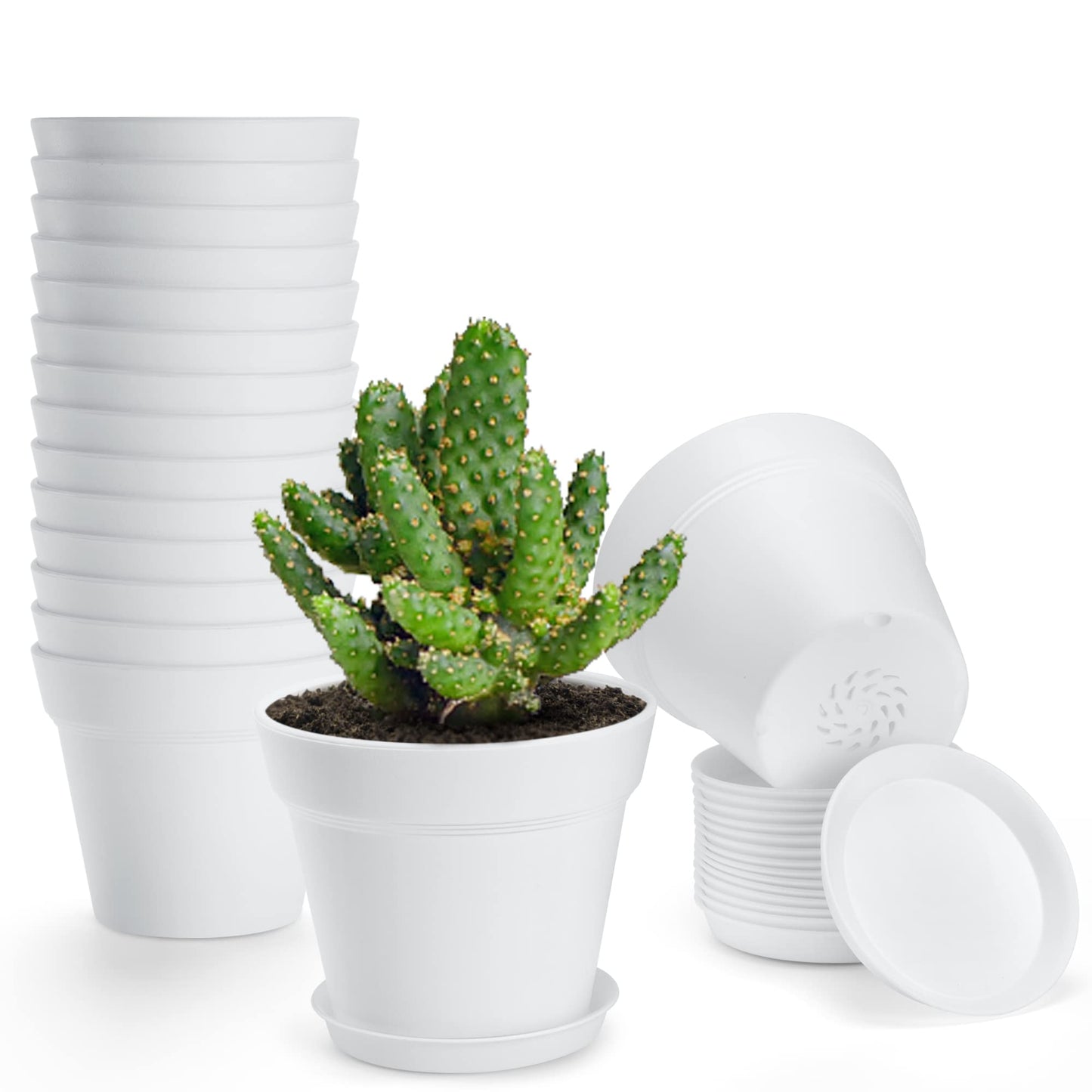 FHWTY 16 Pack Plastic Plant Pots BK & 16 Pack Plastic Plant Pots WH