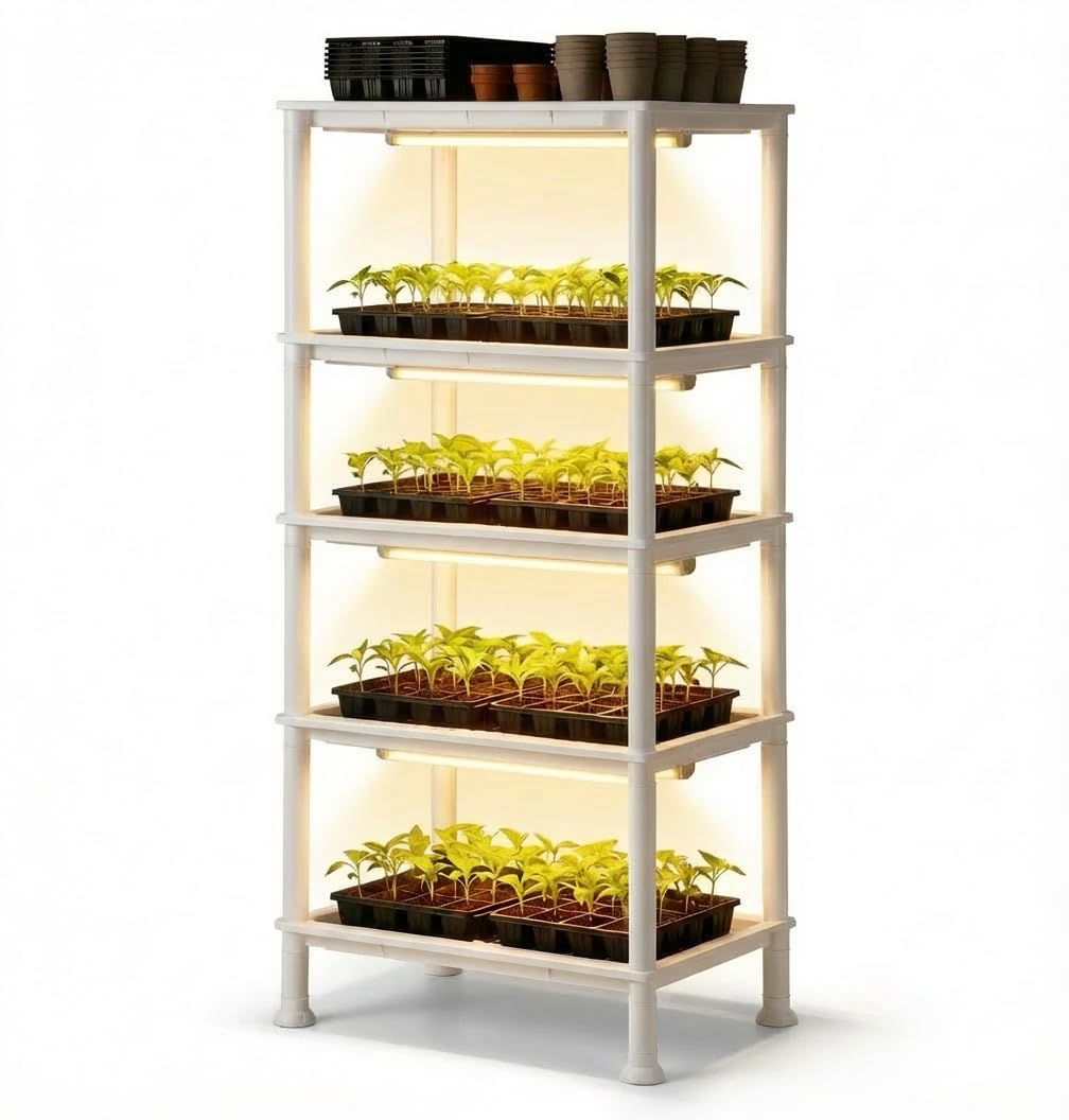 RooTrimmer 5-Tier Seed Starter Trays, Plant Stand with LED Grow Light (Auto-Timer), Bottom Watering Designed for Indoor Greenhouse Plants, Fits Small Pots & Seedling Cell Trays - White