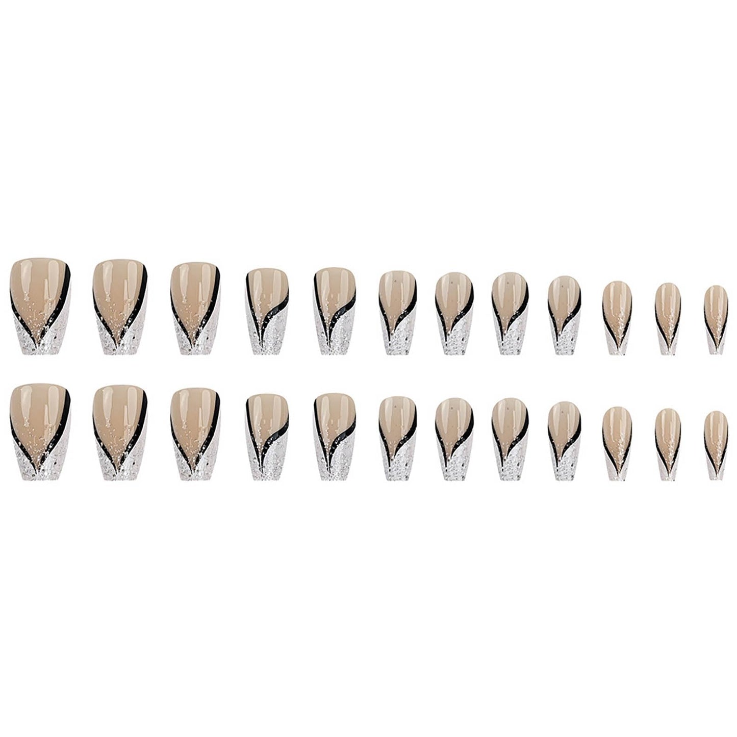 RUOKEXIN Coffin Press on Nails French Tip Fake Nails Medium False Nails with Glitter Designs Medium Coffin Nail Press ons Nude Full Cover Glue on Nails Cute Stick on Nails for Women 24Pcs